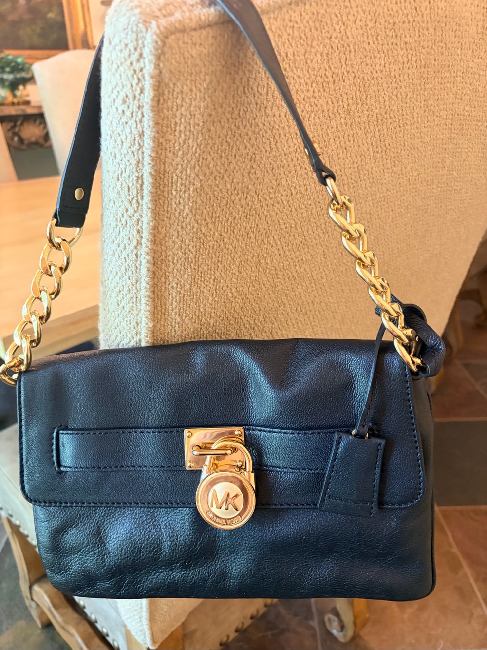 Michael Kors Black Leather Shoulder Bag with Gold-Tone Chain and Lock